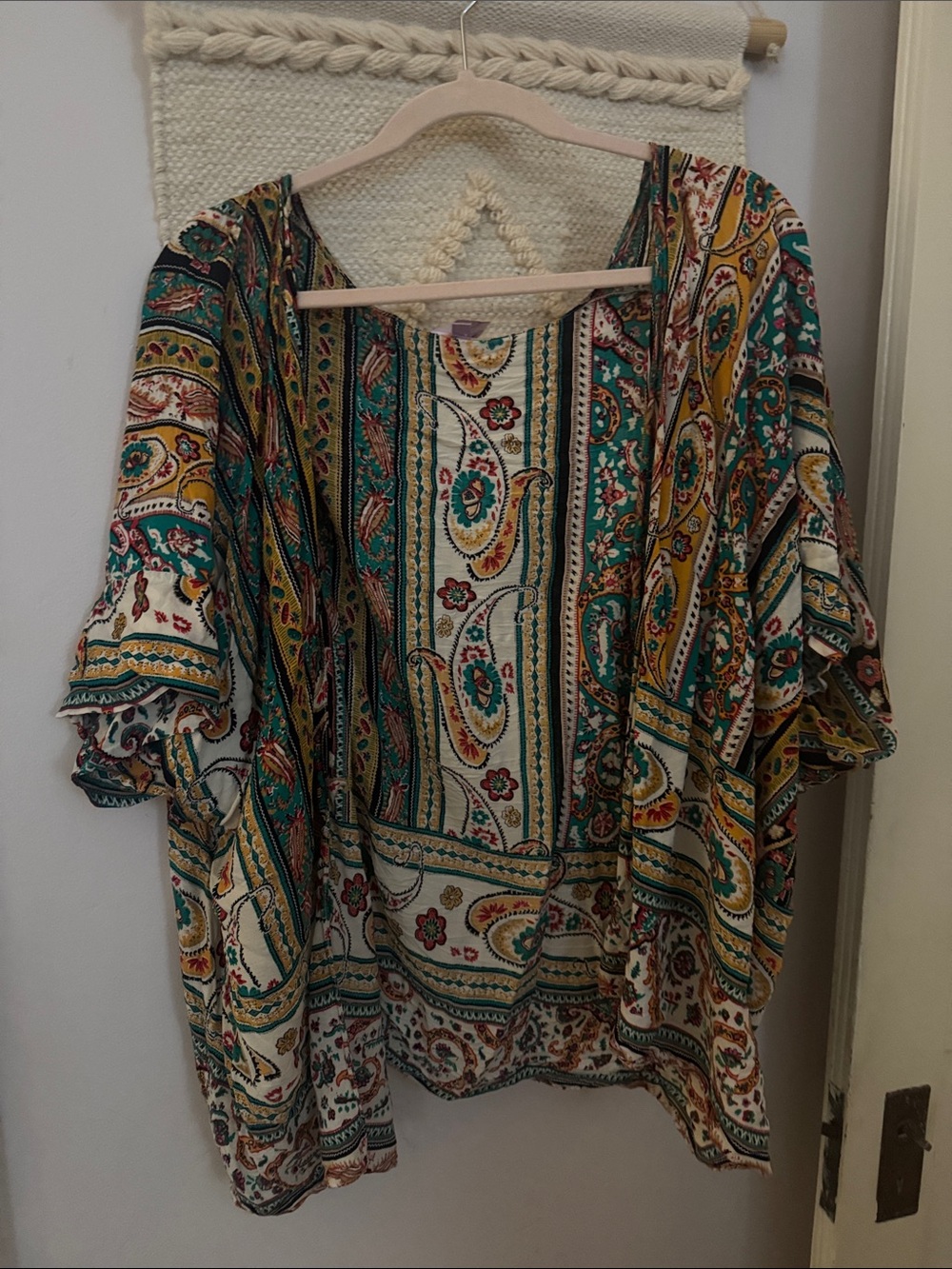 Alya Paisley Print Kimono Top - Teal, Mustard & Cream